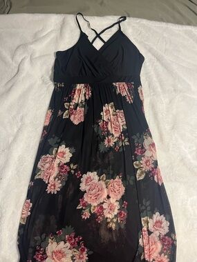 Black Floral Sleeveless Dress/Romper with Pink Rose Print